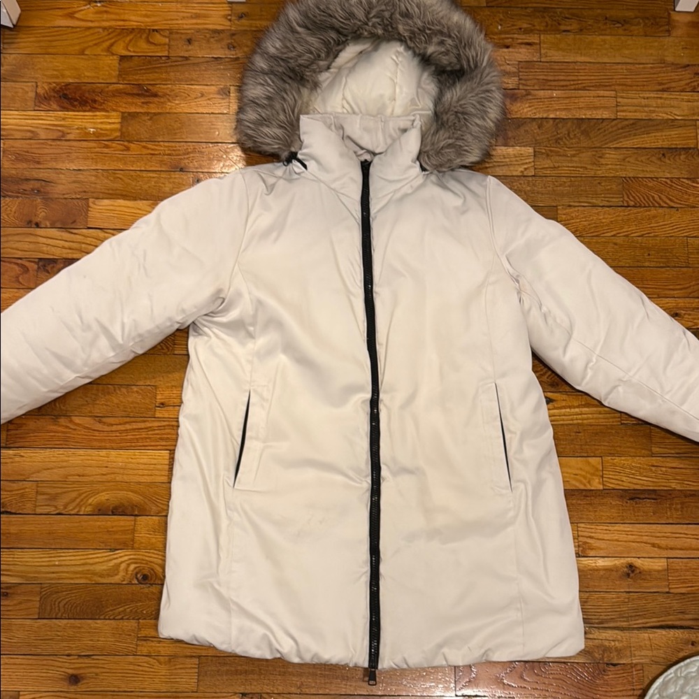 Women's White Faux Fur-Trimmed Hooded Coat